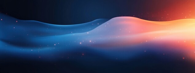 Abstract smooth flowing wave forms glowing in blue and orange gradients with small sparkling light particles on dark background
