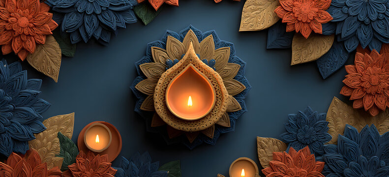 Happy Diwali. Paper graphic of Indian Diya oil lamp design with round border frame on Indian festive theme big banner background. The Festival of Lights.