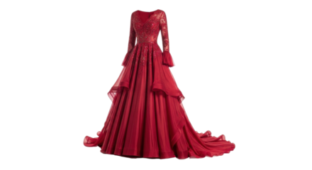Elegant long sleeve red gown for formal occasion isolated PNG with Transparent Background