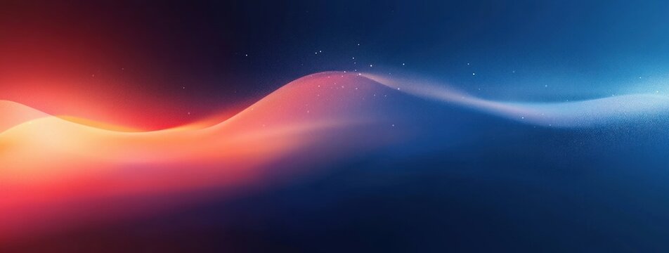 Abstract smooth gradient with flowing wave shapes blending warm red and orange hues into cool blue tones creating a serene and dynamic visual effect