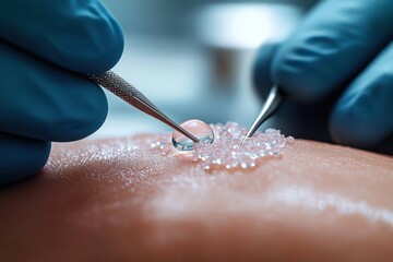 Close-up view of hands wearing blue gloves manipulating small transparent hydrogel beads on skin with precision tools in a laboratory or medical setting