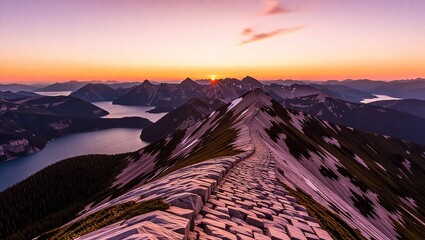 Sunrise Over Mountain Ridge with Lake and Distant Peaks