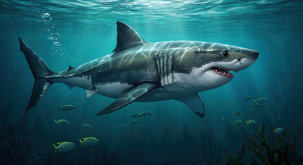 Fototapeta premium Great White Shark's Deep Sea Journey: A majestic great white shark glides gracefully through the dark, mysterious depths of the ocean.
