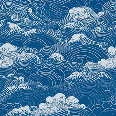 Abstract Seamless Pattern of Blue Waves - Retro Japanese Style Background