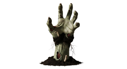 Grisly Zombie Hand Rising from the Ground with Decay and Dirt, a Terrifying Halloween Element on Transparent Background PNG

