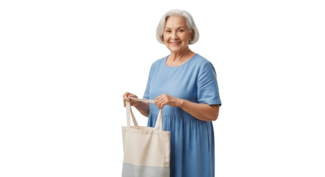 Smiling elderly woman holding a reusable shopping bag isolated on transparent background - Powered by Adobe