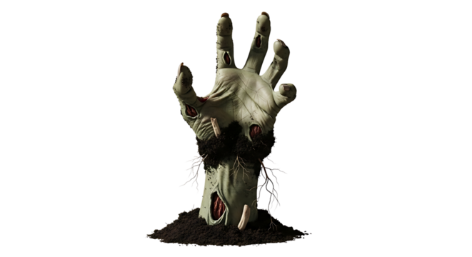 Grisly Zombie Hand Rising from the Ground with Decay and Dirt, a Terrifying Halloween Element on Transparent Background PNG

