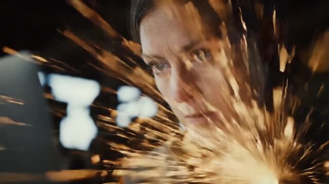 Woman's Intense Focus During Sparks Emitting Task in a Workshop Setting