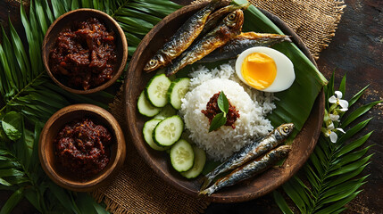 A mouth-watering top-down view of a traditional Nasi Lemak spread on a blue plate, featuring steamed rice topped with egg yolk, fried fish, spicy sambal, cucumber slices, anchovies, and corn, laid out