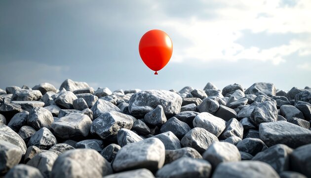 Red balloon floats above a pile of gray stones under a cloudy sky, symbolizing hope amidst challenges related to bullying prevention