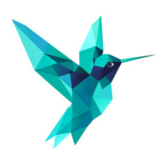 Geometric Hummingbird in Flight | Blue and Green Polygon Art