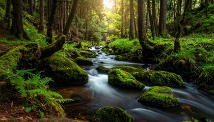 Sunlight streams through lush forest on a mossy stream