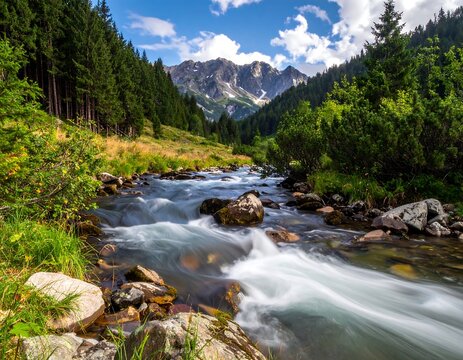 Mountain stream rushing through valley