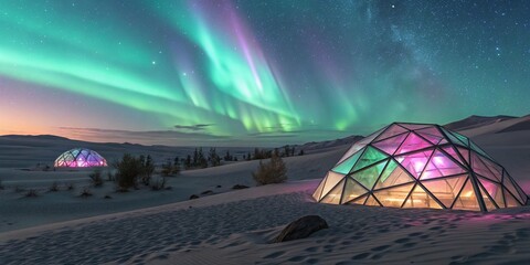 Surreal desert made of glowing glass dunes illuminated with neon reflections under vibrant aurora borealis sky futuristic dreamlike scenery
