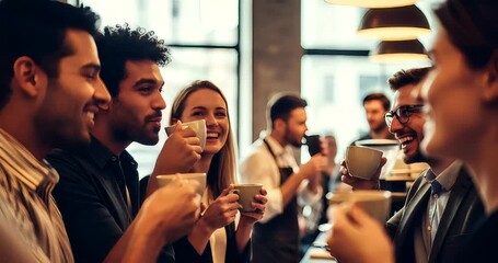 Group of diverse friends enjoying coffee and conversation in a modern cafe setting