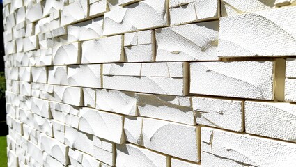 Textured White Brick Wall with Unique Carved Geometric Patterns
