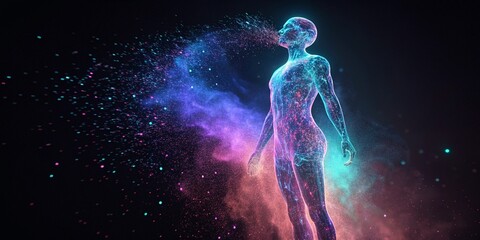 Holographic crystal human silhouette dissolving slowly into sparkling colorful light particles glowing surreal futuristic abstract art
