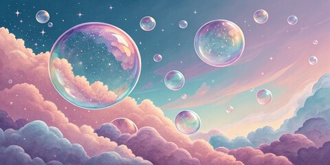 Dreamy iridescent bubbles floating gracefully over pastel gradient clouds creating surreal soft colorful fantasy atmospheric artwork

