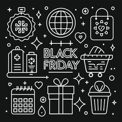 Black friday shopping sale with icons like globe calendar