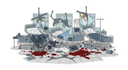 Desolate Hospital Room Shattered Windows Overturned Beds Blood Stains.