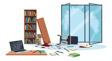 A Library in Disarray with Broken Glass and Bloodstains. © Arie