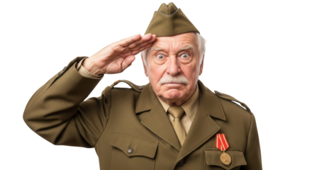 Elderly man in military uniform saluting, isolated on transparent background