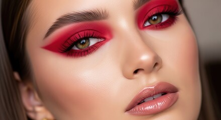 Stunning woman with dramatic red eyeshadow and glossy lips showcases bold, modern beauty and confident allure in a close-up portrait.