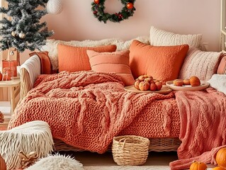 Cozy Autumn Living Room with Orange Knit Blanket and Pillows