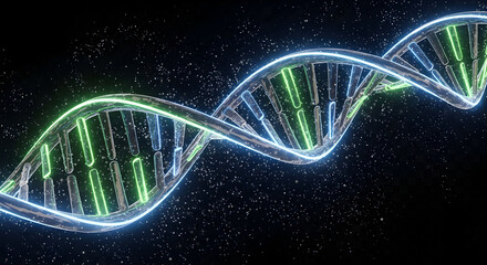 Digital rendering of a glowing dna double helix against a dark cosmic background filled with stars and particles for science and technology concepts on transparent background