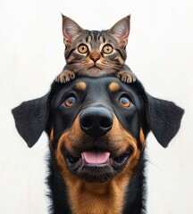 large black and brown dog with happy expression and small tabby cat resting on its head both looking forward