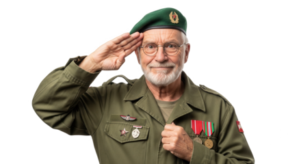 Smiling elderly man in military uniform with beret saluting, isolated on transparent background