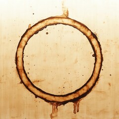 large circular brown coffee stain with drips and splatters on a light textured surface