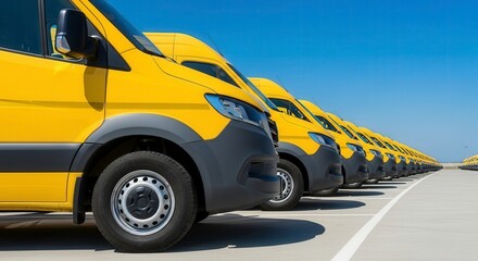 Naklejka premium Row of yellow delivery vans parked in a lot under a blue sky