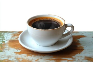Fototapeta premium White ceramic cup filled with hot black coffee on a matching saucer placed on rustic wooden surface
