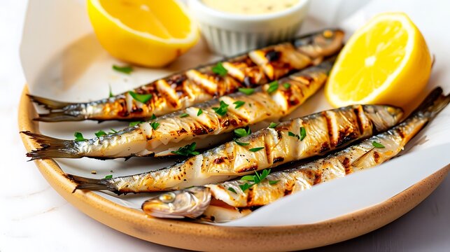 Grilled sardines served with lemon wedges and a side of sauce