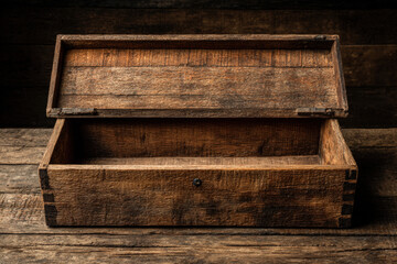 Wooden box with blank lid on rustic craft table for handmade packaging mockup