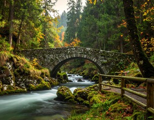 Rustic Stone Bridge Across a Flowing Stream in Autumnal Forest