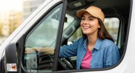 Young woman wearing a cap driving a van and smiling