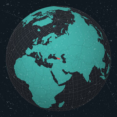 Georgia on Globe. Vintage look with grunge scratched texture. Country view on world map in Dark Charcoal Turquoise color palette. Georgia shape on map. Globe with meridians and parallels.