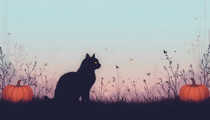 Black cat and pumpkin silhouette field halloween background