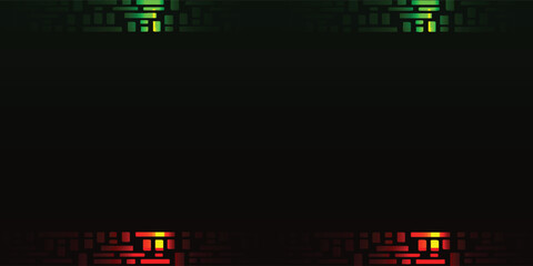Abstract image with green geometric shapes at the top and red geometric shapes at the bottom against a dark background.