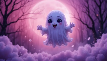 Cute ghost character flying in full moon forest halloween illustration