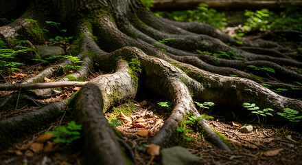 Obraz premium Exposed Tree Roots with Moss in Forest, Dark Brown Shade