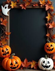 Halloween pumpkins and white ghosts decoration with black chalkboard frame autumn festive seasonal concept background border background  spooky illustration decoration