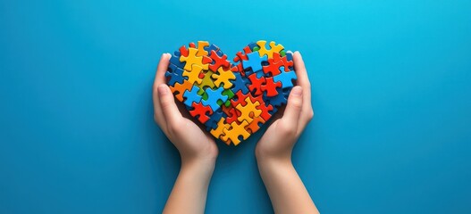 Hands gently holding a heart-shaped puzzle made of colorful interlocking pieces on a bright blue background, symbolizing care and unity