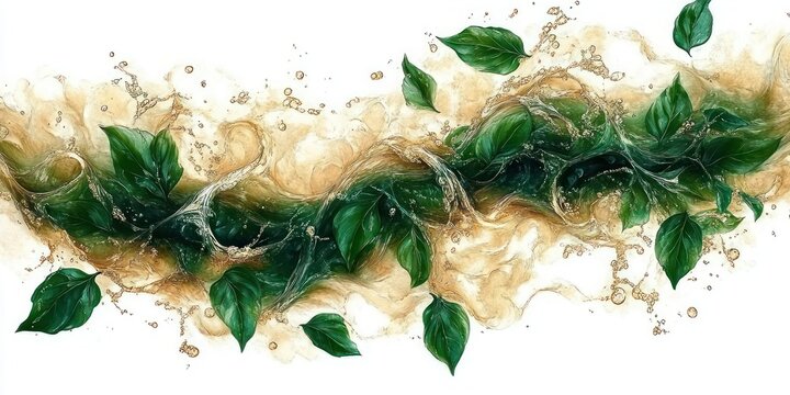 Vibrant green leaves intertwined with dynamic flowing liquid splashes on a white background, creating a fresh and energetic natural composition - Powered by Adobe