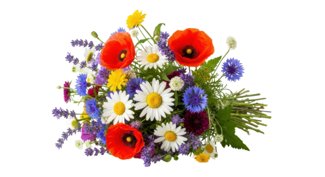 Bouquet of colorful wildflower blossoms isolated PNG with Transparent Background