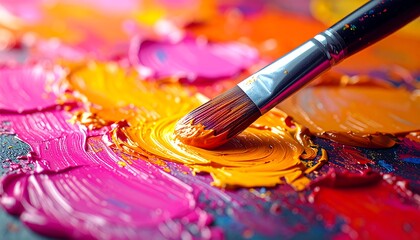 Obraz premium A close-up of a paintbrush dipped in vibrant orange paint resting on a palette of mixed vivid colors, creating swirls and textures