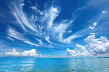 Obraz premium Clear blue sky with subtle gradient and faint horizon for minimal background