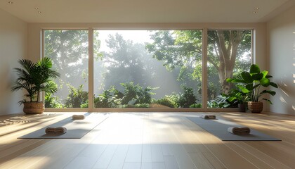 Fototapeta premium Studio yoga minimalis dengan cahaya pagi yang masuk melalui jendela lebar, foto HDR ultra realistis 